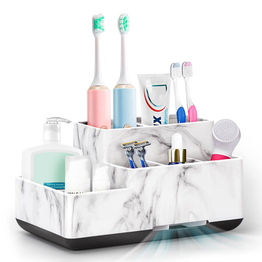 Toothbrush Holder, Bathroom Organizers Countertop, 6 Compartments Multifunctional Washroom Organizer for Toothpaste, Cosmetic, Makeup, Office Stationery Pencils, White Marble