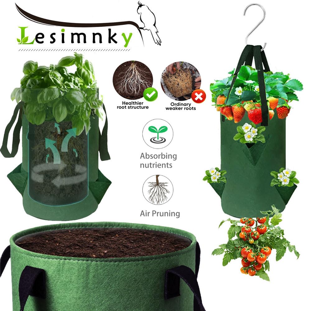 4Pack Upside Down Strawberry Planter, 3 Gallon Hanging Grow Bags for Tomato Vegetables 6 Planting Holes with 4 Hooks,Upside Down Strawberry Plant Hanger Vegetable Planting Bags for House (Dark Green)