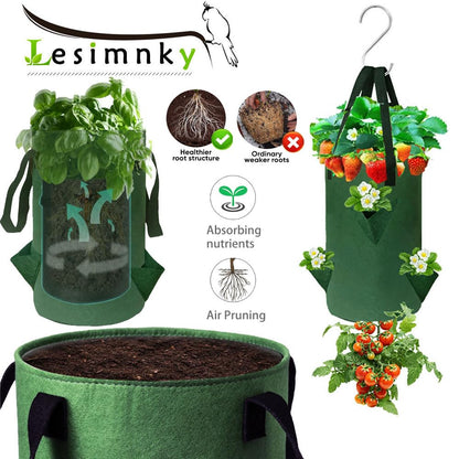 4Pack Upside Down Strawberry Planter, 3 Gallon Hanging Grow Bags for Tomato Vegetables 6 Planting Holes with 4 Hooks,Upside Down Strawberry Plant Hanger Vegetable Planting Bags for House (Dark Green)