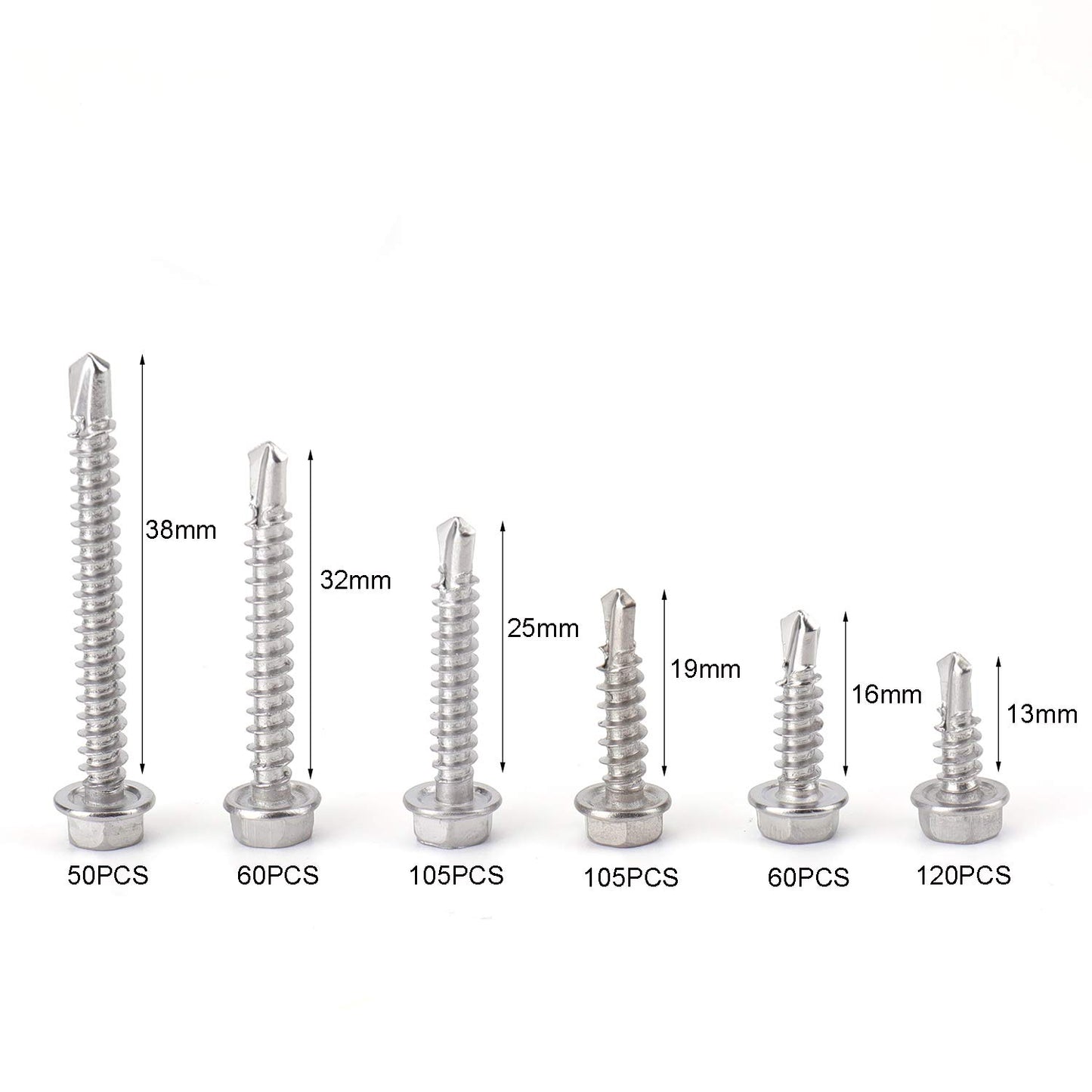 Suwimut 500 Pieces 410 Stainless Steel #8 Self Tapping Sheet Metal Tek Screws Assortment, Hex Washer Head Assorted Screws with Drill Point, Self Driller