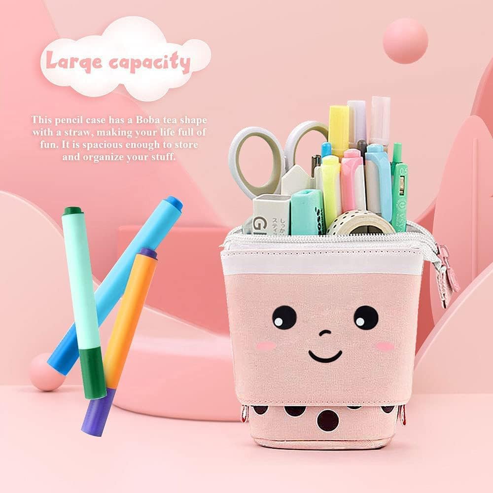3 Pack Cute Pencil Case Standing Pen Holder Standing Pencil Case Cute Telescopic Kawaii Stationery Pouch Makeup Cosmetics Bag for School Students Office Teens Girls Boys (Pink Brown Blue)