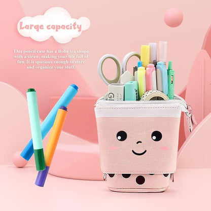 3 Pack Cute Pencil Case Standing Pen Holder Standing Pencil Case Cute Telescopic Kawaii Stationery Pouch Makeup Cosmetics Bag for School Students Office Teens Girls Boys (Pink Brown Blue)