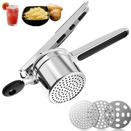 Potato Ricer Stainless Steel Masher, Upgraded Sturdy Durable Potato Masher with 3 Interchangeable Ricing Discs Premium Grade Kitchen Tool for Smooth Mashed Potatoes, Fruits, Vegetables and Baby Food