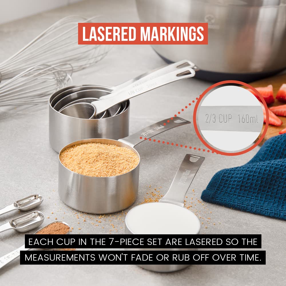 Chef Pomodoro Stainless Steel Measuring Cup Set, Nested and Stackable with 7 Pieces, Sturdy Extra-Long Handles with Lasered Markings and Sorting Ring, Metal Kitchen Spoons for Wet and Dry Ingredients