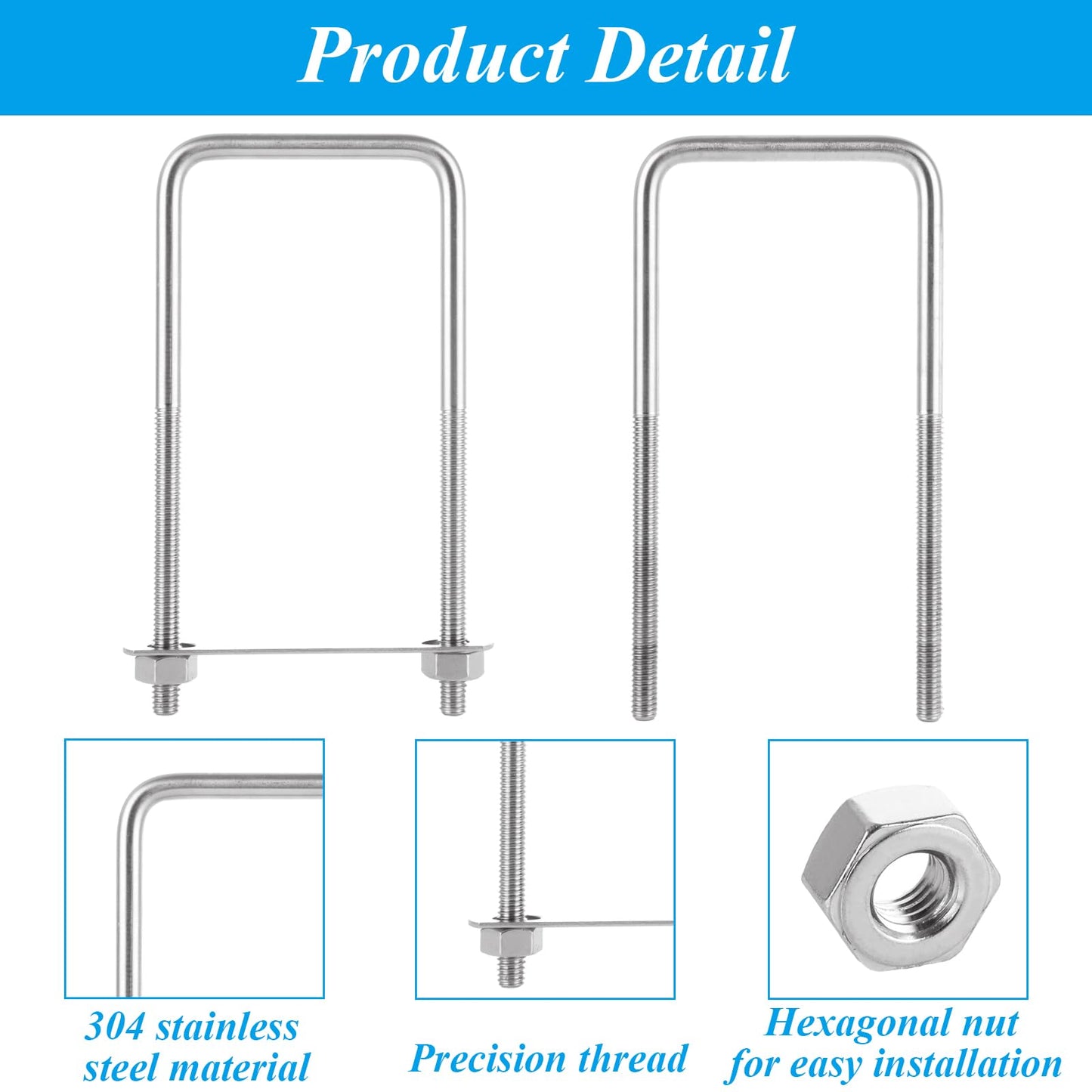 MUXHEL 6 Pcs Square U Bolt (3/8'' x 3'' x 7''), 304 Stainless Steel U-Bolts for Automobiles Trailer, Ski Boat, Sailboat, Trailer, Industrial Parts