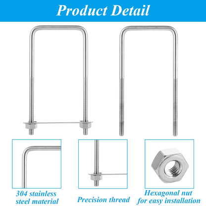 MUXHEL 6 Pcs Square U Bolt (3/8'' x 3'' x 7''), 304 Stainless Steel U-Bolts for Automobiles Trailer, Ski Boat, Sailboat, Trailer, Industrial Parts