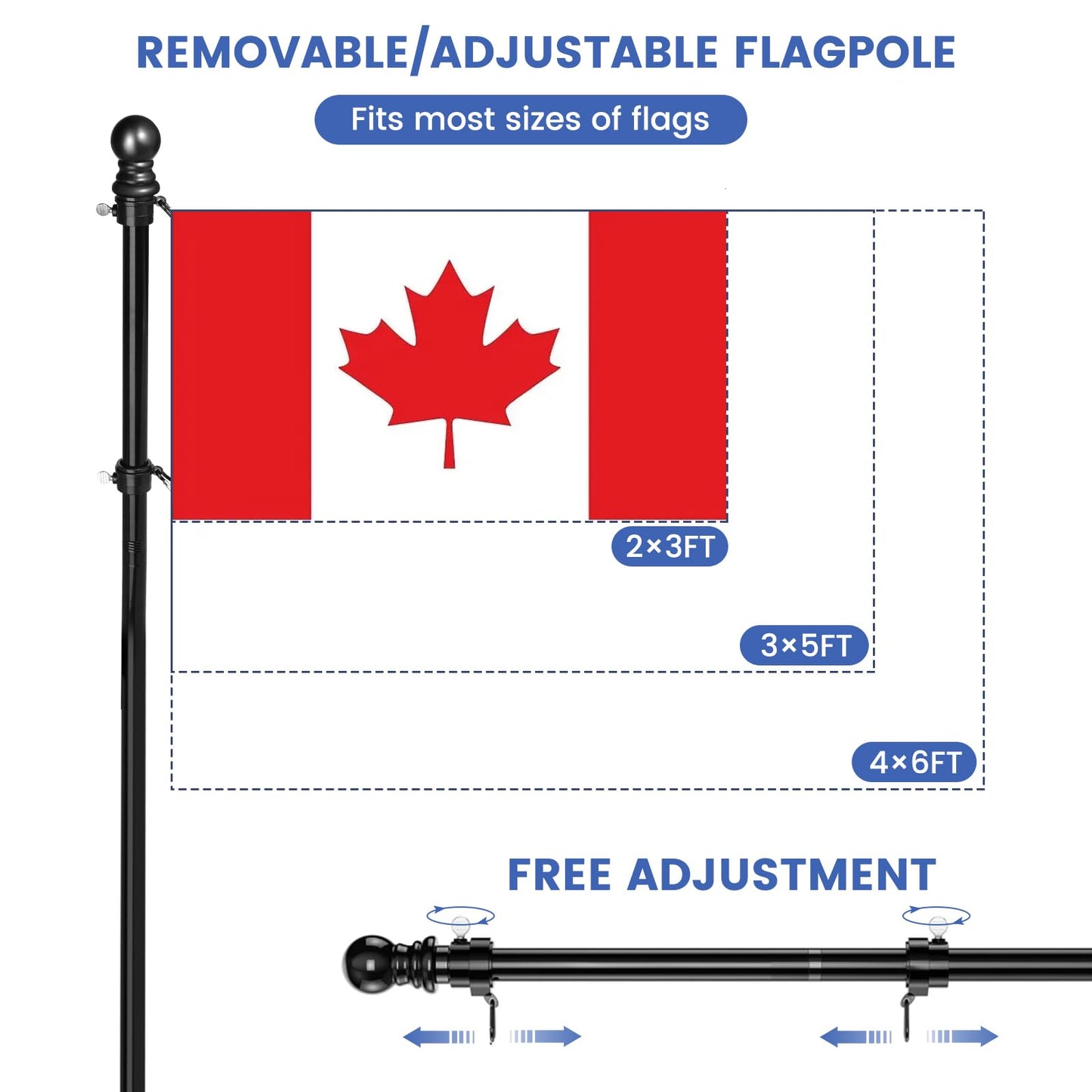 6.5FT Flag Pole for Canada Flag, Flag Poles Outdoor with Bracket, Tangle Free Stainless Steel Flag Pole Kit, Wall Mount and Adjustable Flagpole for Porch, Garden, Patio, Residential or Commercial