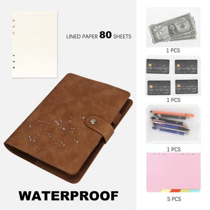 Colacoo Leather A5 Binder Notebook 6 Ring, Refillable Planner with Pockets, Dividers, Refill Paper, Travel Journal Cover Brown
