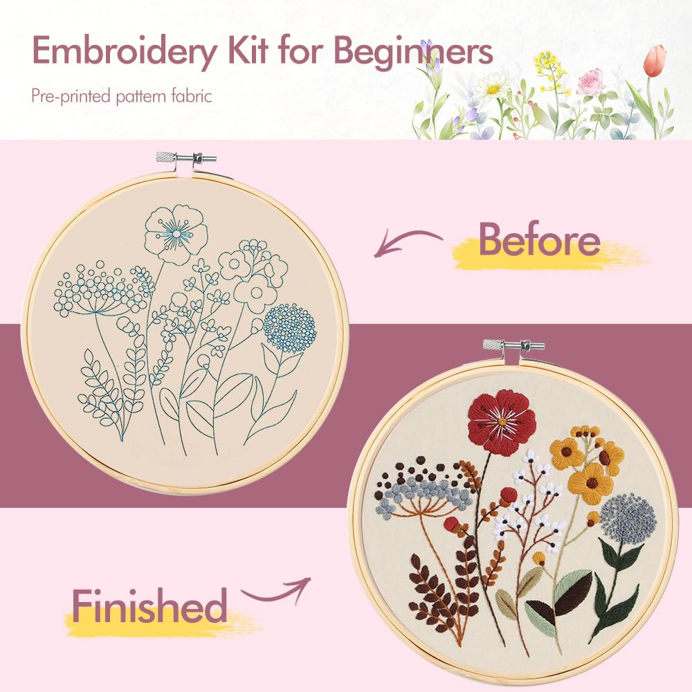 wtisan Embroidery Kit, 4 Sets Embroidery Kit for Beginners with Stamped Flower Pattern, Cross Stitch Starter Kits for Adults Hand Craft Lover with Embroidery Hoop, Instructions and Threads