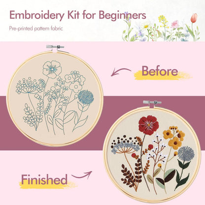 wtisan Embroidery Kit, 4 Sets Embroidery Kit for Beginners with Stamped Flower Pattern, Cross Stitch Starter Kits for Adults Hand Craft Lover with Embroidery Hoop, Instructions and Threads