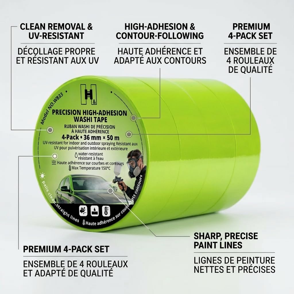 Premium Washi Masking Tape – UV & Heat Resistant, No‑Bleed, High Adhesion for Painting, Automotive, Spray Applications – Water Resistant, Clean Removal – Multiple Sizes & Colours (4, Green, 36mmx50m)