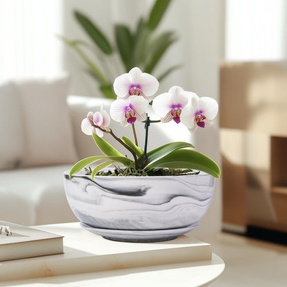 8in Marble Large Round Succulent Planter Pot Modern Flower Pot Indoor and Outdoor Planter with Marble Tray