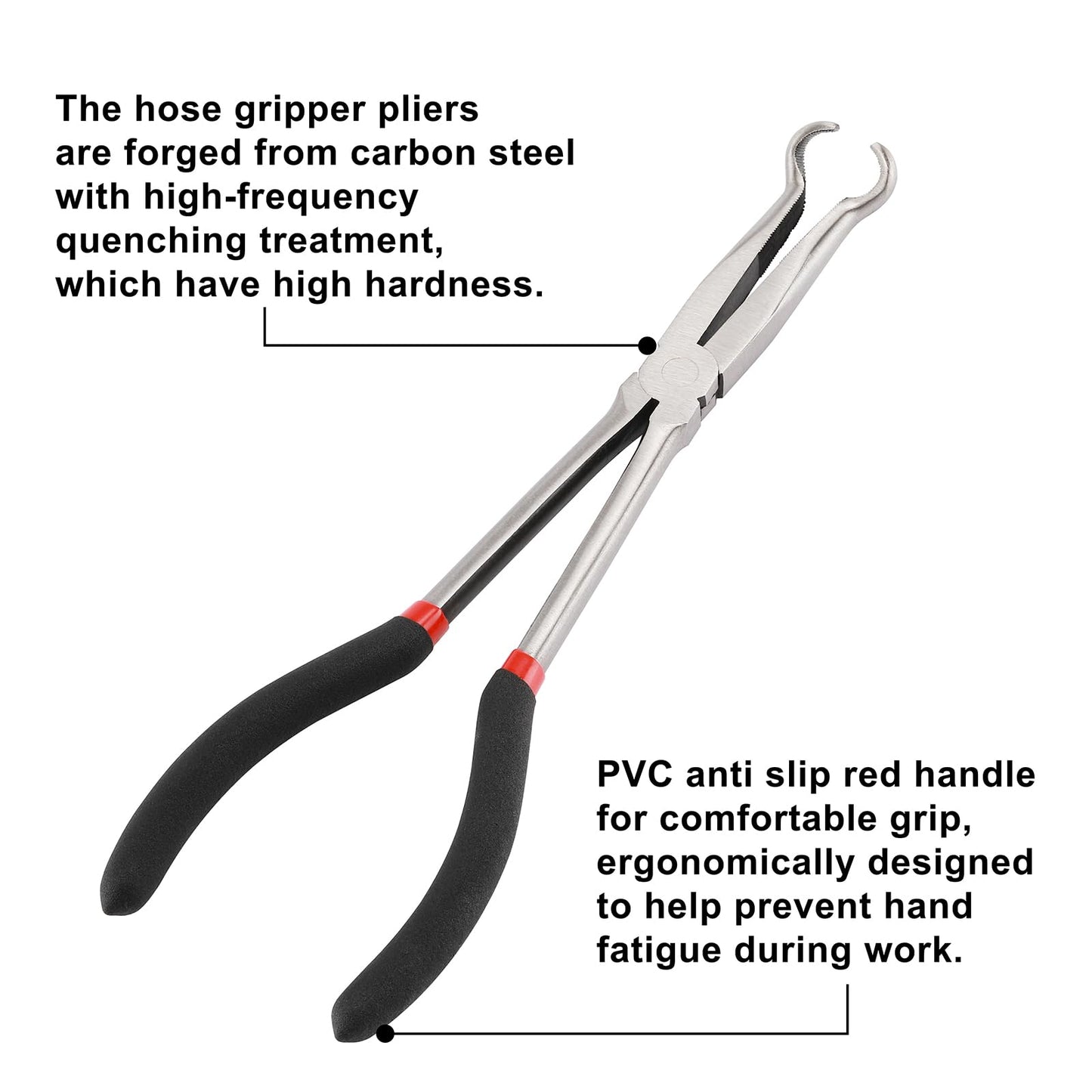 CASOMAN 3Pcs 11" Hose Gripper Plier Set, Black & Red, 5/16-Inch, 1/2-Inch, 3/4-Inch Dia, Offset Spark Plug Boot Removal Pliers Serrated Jaws for Hard to Reach Narrow Spaces