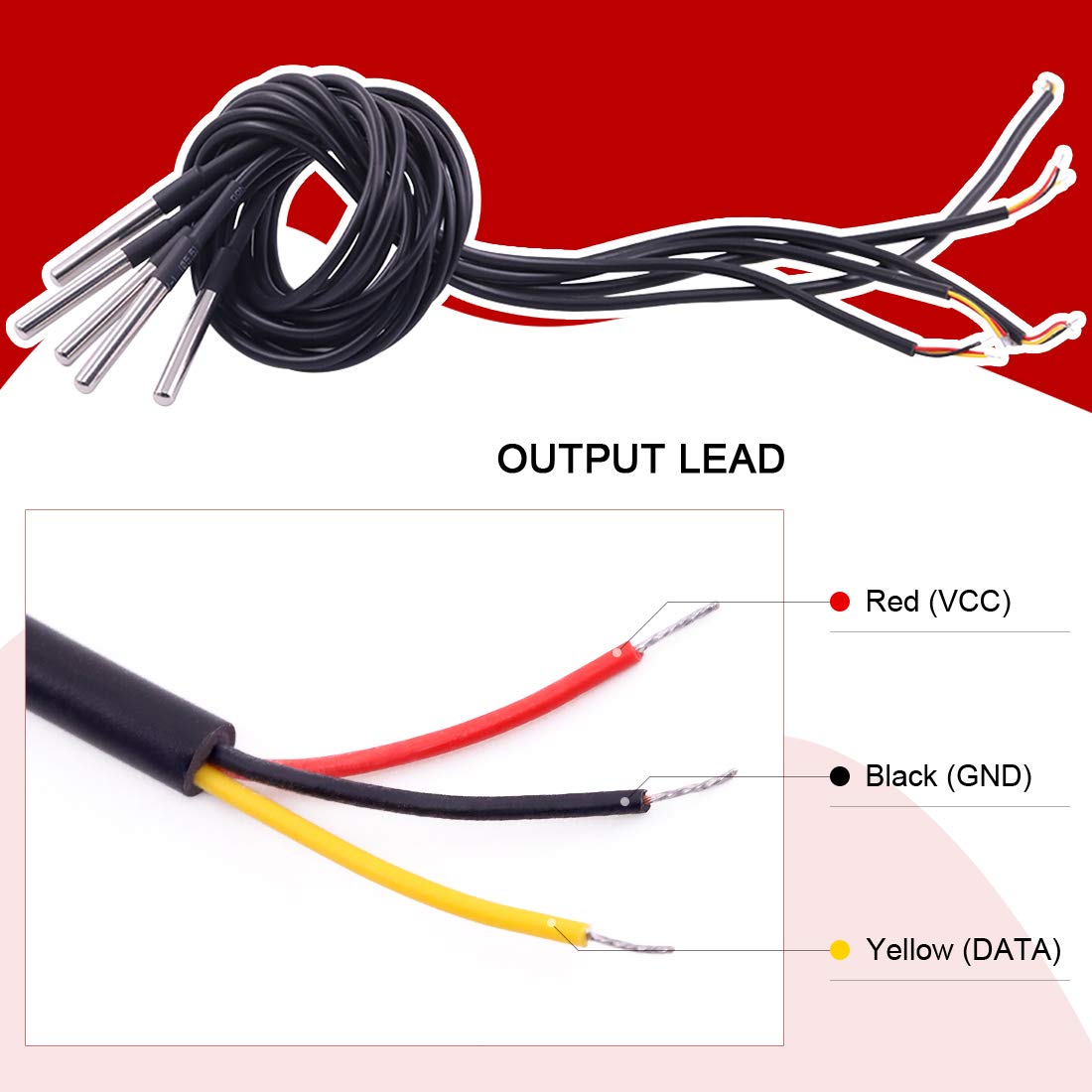 Hilitchi 3m/9.8ft Waterproof Temperature Sensors Digital Temp Probe (Pack of 5pcs)