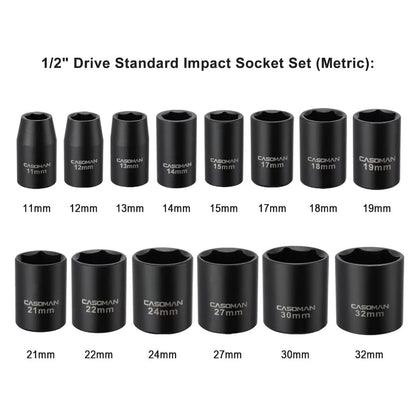 CASOMAN 14 Pieces 1/2-Inch Drive Standard Impact Socket Set, Metric, 6-Point, 11mm to 32mm
