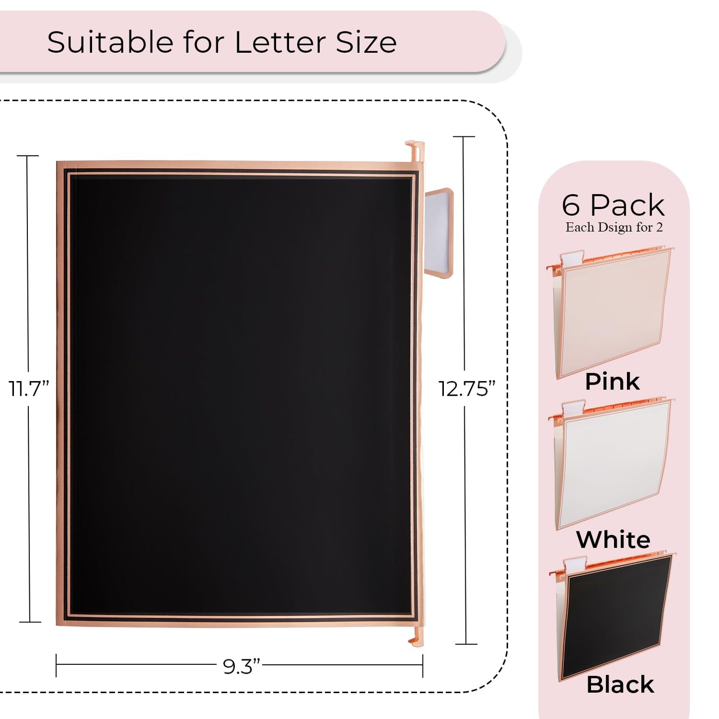 Y YOMA 6 Pack Rose Gold Hanging File Folders with Pocket Letter Size Decorative File Folder Cute Pretty Hanging Folder for Office Home School with 1/5-Cut Adjustable Tabs, Inner Storage Pockets