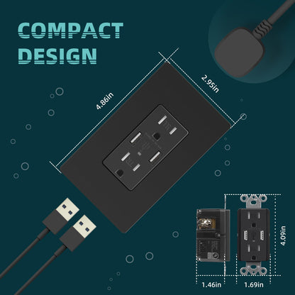 TOPELER 4.8A Black USB Charging Power Outlet, 15 Amp Duplex Tamper Resistant Receptacle, Electrical Socket with Dual USB-A Ports, Wall Screwless Plate Included, UL & FCC Approval
