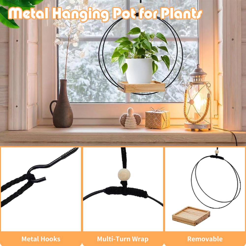 Benustra 2 Pack Hanging Planters for Indoor Plants,Hanging Plant Shelf with Wooden Base & Ceiling Hooks,Wall Ceiling Planter Display Shelf for Home Garden Patio Office Indoor Outdoor(Black)