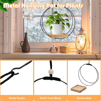 Benustra 2 Pack Hanging Planters for Indoor Plants,Hanging Plant Shelf with Wooden Base & Ceiling Hooks,Wall Ceiling Planter Display Shelf for Home Garden Patio Office Indoor Outdoor(Black)