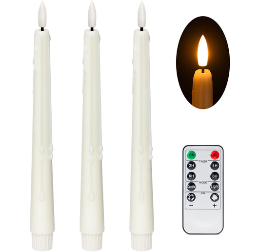 Stmarry 3 Pack Flameless Taper Candles with Remote and Timer - 9.65 Inch Ivory Real Wax LED Candlesticks - Wax Drip Battery Operated Tall Taper Candles with 3D Flickering Flame