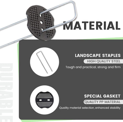 100 Pack 6 Inch Garden Staples with 100 Fixing Gasket Galvanized Landscape Stakes Anti-Rust U-Shape Metal Pins SOD Yard Stakes for Gardening Landscaping Weed Barrier Fabric, Soaker Hose