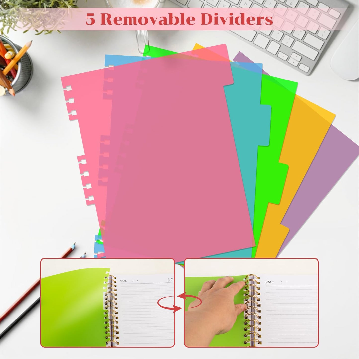 Spiral Notebook 8.8" x 11.4", 5 Subject Notebooks College Ruled with Tabs and Removable Dividers, Large A4 240 Pages 100GSM Thick Spiral Writing Journal Notebooks for Work, School (Pink)