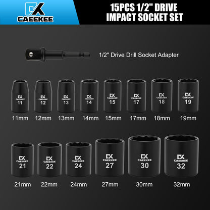CaeeKee 15PCS 1/2" Drive Shallow 12-Point Impact Socket Set, Metric(11mm - 32mm), Cr-V Steel, Includes Drill Socket Adapter