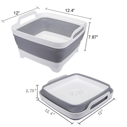 Suwimut 2 Pack Collapsible Wash Basin with Drain Plug Carry Handles, 9L Large Collapsible Sink Tub Portable Dish Tub Foldable Dishpan for Kitchen Sink, Camping Dish Washing Tub, Gray