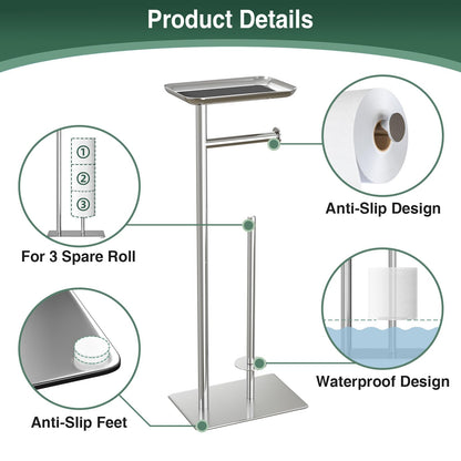 Toilet Paper Holder Stand with Top Storage Shelf, Free Standing Toilet Roll Dispenser for Bathroom, Holds 4 Reserve Rolls