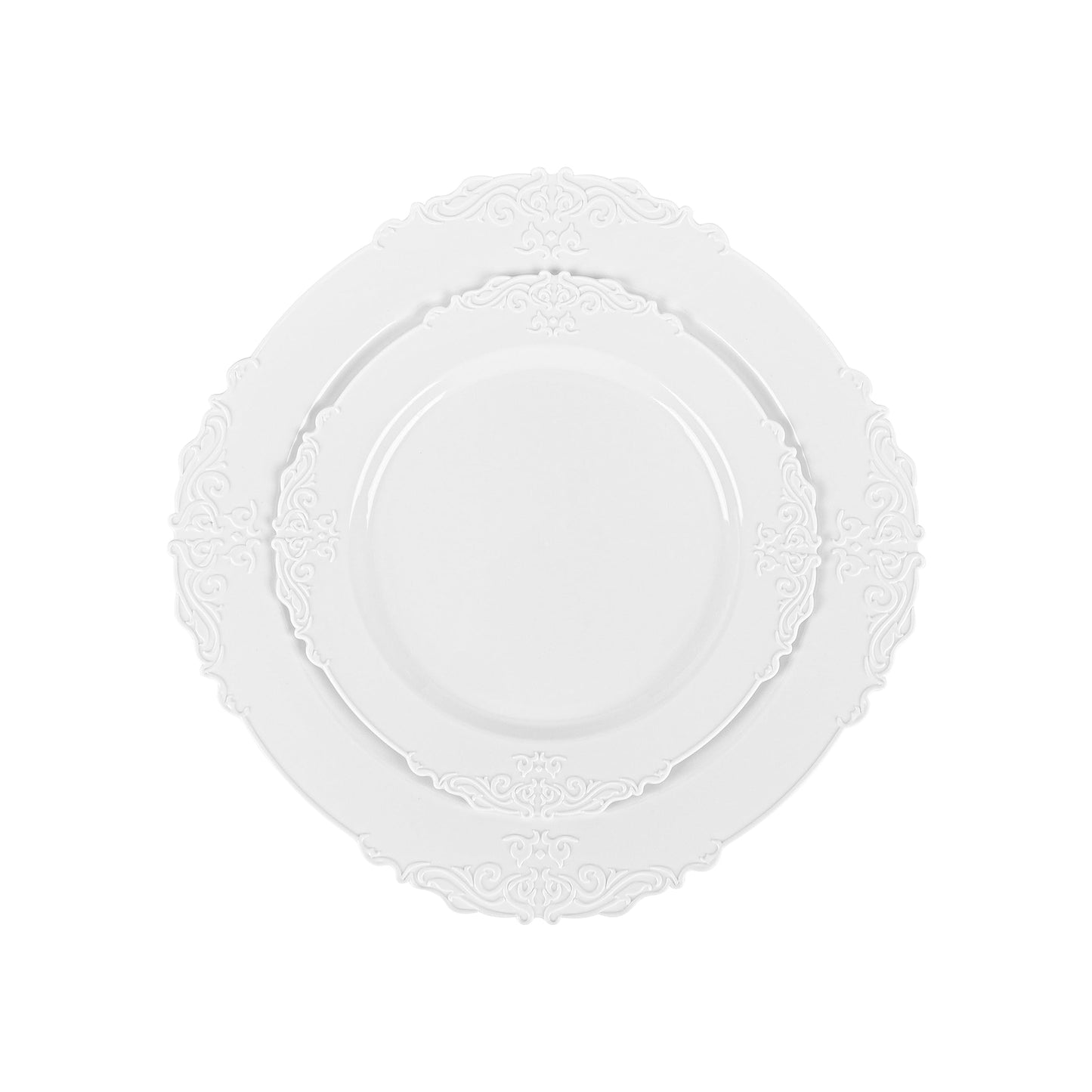PLASTICPRO 32 Pack Elegant Disposable Plastic Plates Combo Set Includes 16 Dinner Plates and 16 Salad Heavy Duty Fancy Party Plates White Embossed Victorian Design