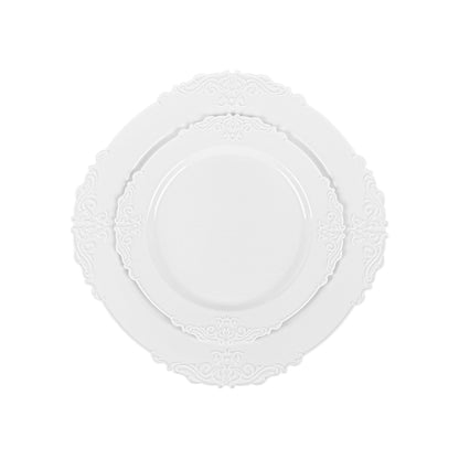 PLASTICPRO 32 Pack Elegant Disposable Plastic Plates Combo Set Includes 16 Dinner Plates and 16 Salad Heavy Duty Fancy Party Plates White Embossed Victorian Design