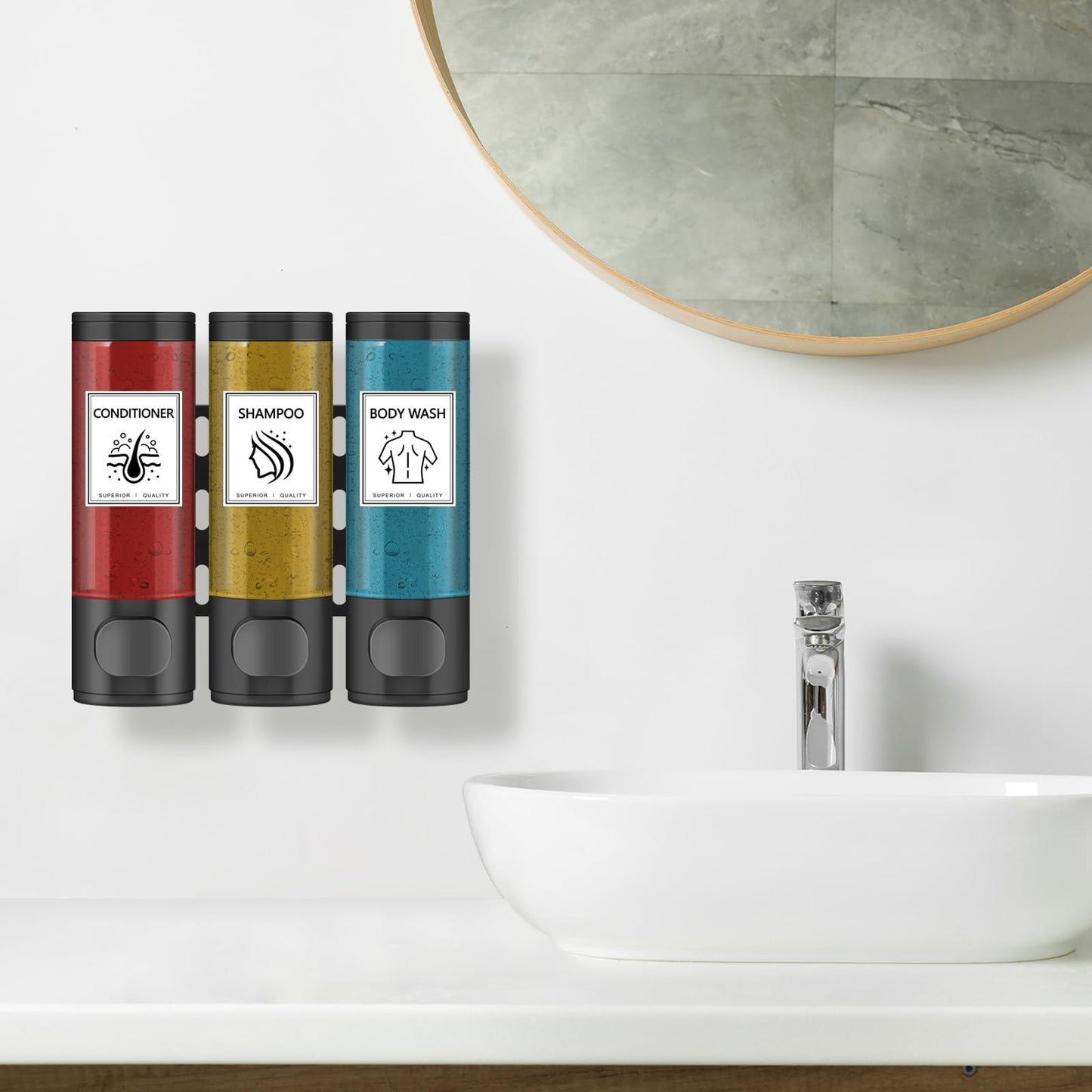 Volufia Shower Dispenser 3 Chamber No Drill, Shampoo Dispenser for Shower Wall, Shampoo and Conditioner Dispenser, Shower Soap Dispenser Bathroom 3x300ML, Black