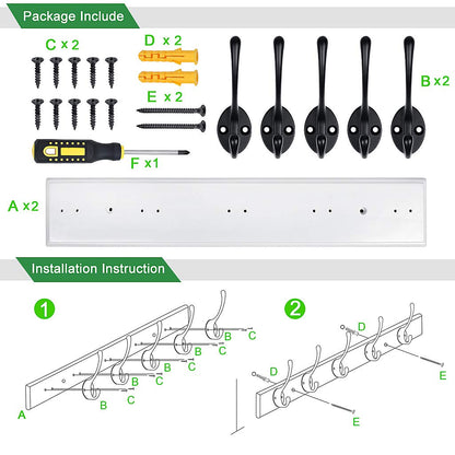 RUTAI Wall Mounted Coat Rack,Bamboo 17 inch Wall Hanging Shelf with 5 Black Dual Hooks for Hallway,Bathroom,Living Room,Bedroom,2 Pack,White