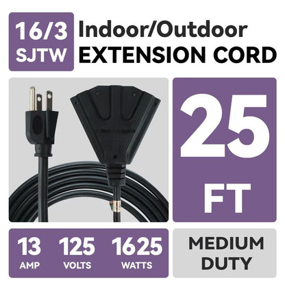 GREATIDE 25 Ft Outdoor Extension Cord with 3 Electrical Power Outlets - 16/3 SJTW Black Cable with 3 Prong Grounded Plug