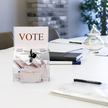 ZENFUN Acrylic Donation Box with Lock and Sign Holder, 6.3x4.7x4.9 Inches Clear Ballot Box Voting Storage Box Comments Container with 100pcs Tickets Cards for Raffle, Tip Jar, Collection, Voting