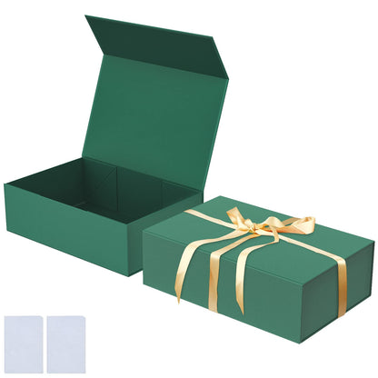 Luxury Large Gift Box 13.8x9x4.3 Inches Storage Box Ribbon Magnetic Closure for Luxury Packaging Box for Mother's Day, Birthdays, Bridal Gifts,Weddings (Forest Green)