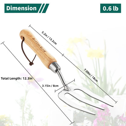 Berry&Bird Gardening Hand Fork, Stainless Steel Hand Weed Fork, Traditional Garden Hand Fork Tool with Ergonomic Ash Wood Handle for Weeding, Digging, Planting and Cultivating