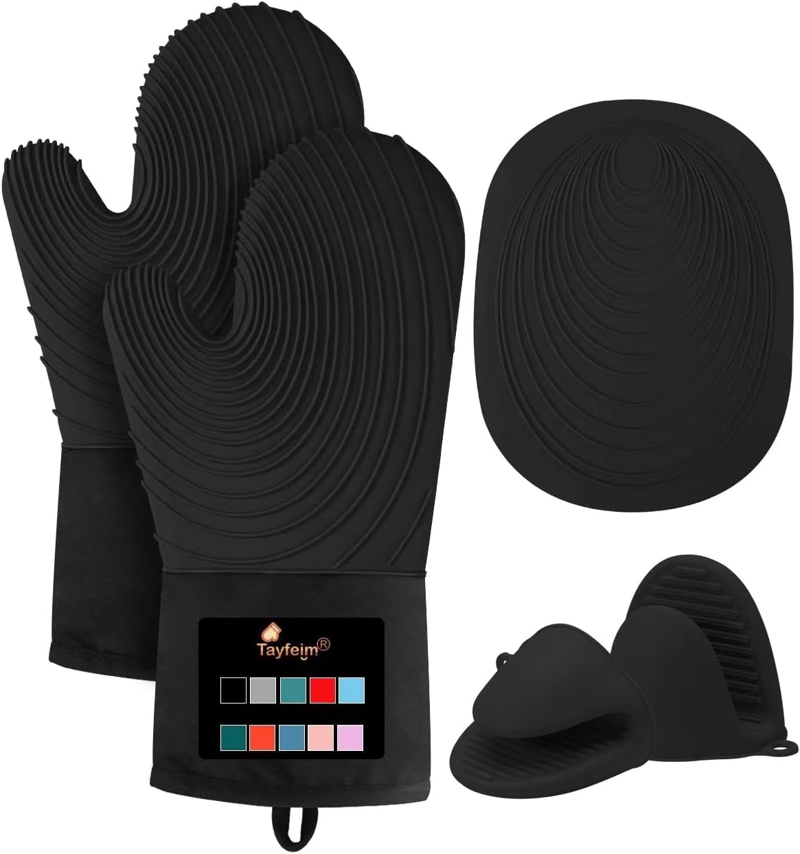 Tayfeim Silicone Oven Mitts 5pcs, Upgraded Pot Holders Set Heat Resistant 500F, Waterproof, Cotton Lined Oven Gloves BPA-Free, Oven Mits Set for Cooking Baking Kitchen Mittens Black