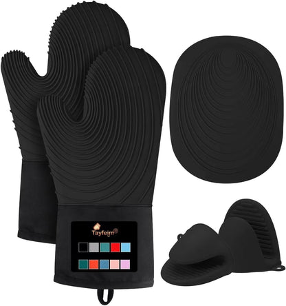 Tayfeim Silicone Oven Mitts 5pcs, Upgraded Pot Holders Set Heat Resistant 500F, Waterproof, Cotton Lined Oven Gloves BPA-Free, Oven Mits Set for Cooking Baking Kitchen Mittens Black