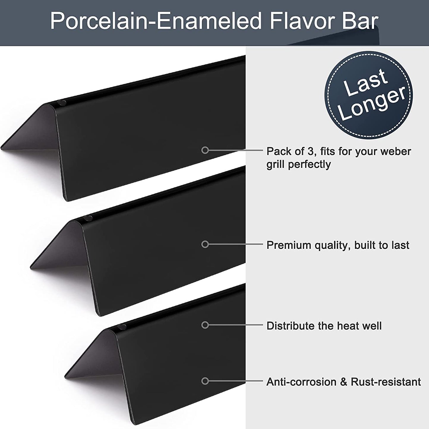 15.3" 7635 Porcelain-Enameled Flavorizer Bars for Spirit 200 Series Gas Grills, Spirit E210, S210, E220, S220 with Front Control Knobs, Set of 3 Heat Plates Flavorizer Bars Replacement for Weber 7635