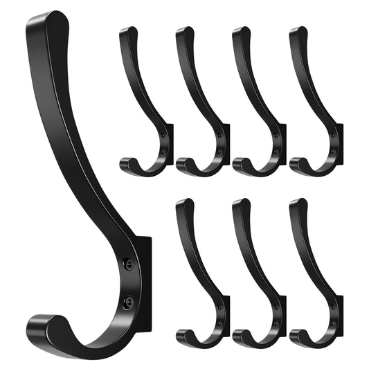 8-Pack Heavy Duty Wall Hooks - Black Coat Hanger Hooks, Screw In, Metal, For Hanging Coats, Backpacks, Purses
