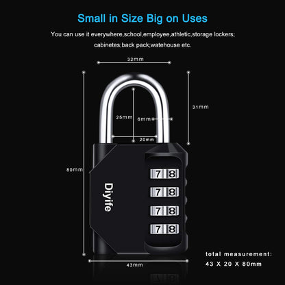 Combination Padlock, [4 Pack] Diyife 4 Digit Locker Lock Weatherproof Lock Outdoor Combination Lock for School Gym Locker,Toolbox, Fence, Gate, Hasp, Cabinet(Black)