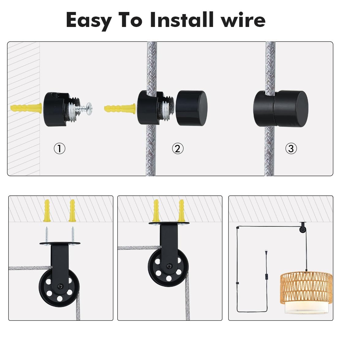 Pulley Wheel for Plug in Pendant Light, Wall Ceiling Mount-Pulley for Hanging Lamp, 1 Pack PulleyWheel and 4 Pack Swag Hooks for Hanging Electric Wire Cable Cord Chandelier Plant Grow Lights (Black)