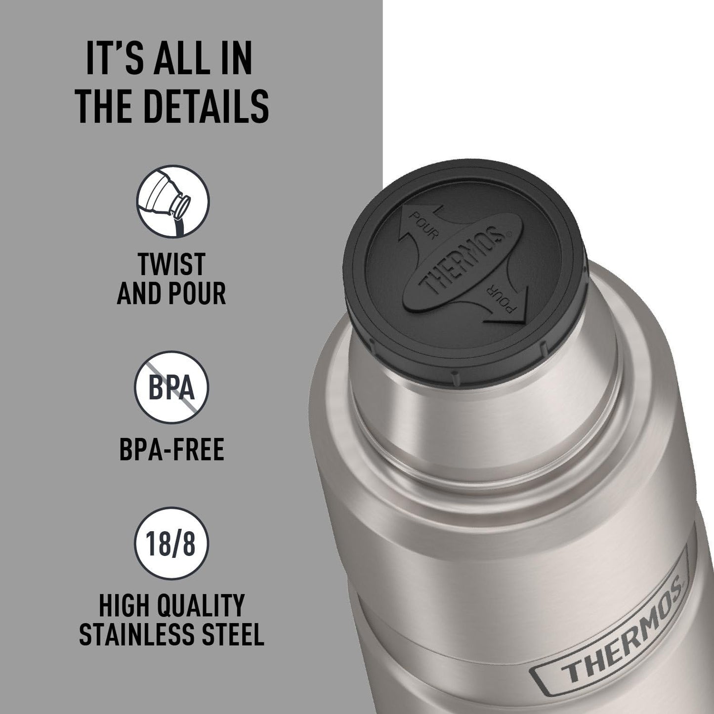Thermos SK2000STTRI4 Stainless King 16 Ounce Compact Bottle, Stainless Steel, Gray