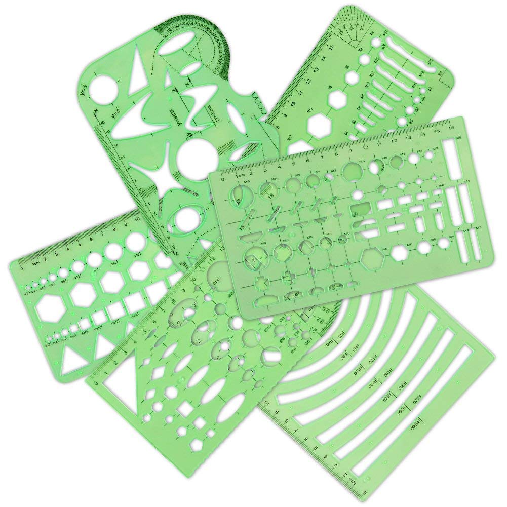 11 Pieces Geometric Drawings Templates Stencils Plastic Measuring Template Rulers Clear Green Shape Template for Drawing Engineering Drafting Building School Office Supplies