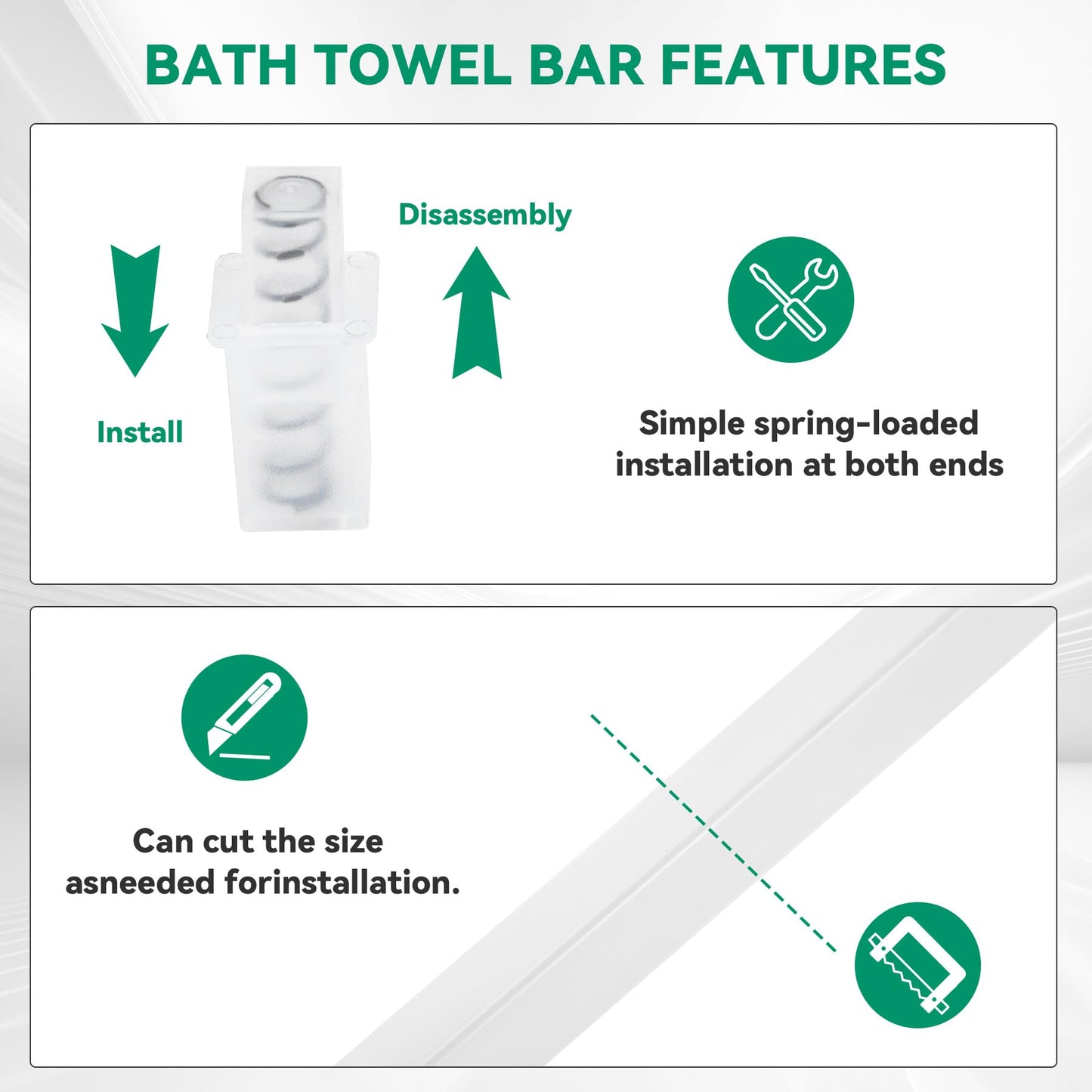 24-Inch Spring End Wall-Mounted Towel Bar, Adjustable Sturdy Plastic Towel Holder for Bathroom Kitchen Towel Storage White