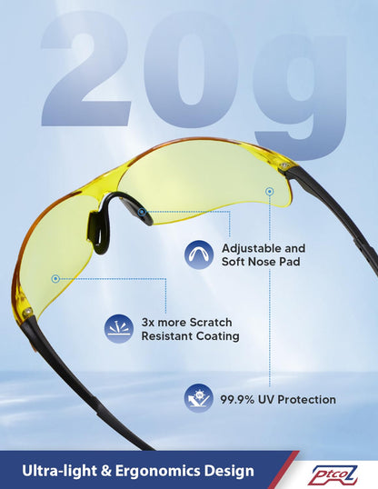 Safety Glasses 12 Pack Amber Tinted: ANSI Z87.1 Certified Anti-Scratch Polycarbonate Lens UV Protection for Construction & Cycling, Woodworking & Lab Lightweight Sofety Nose Pad Unisex