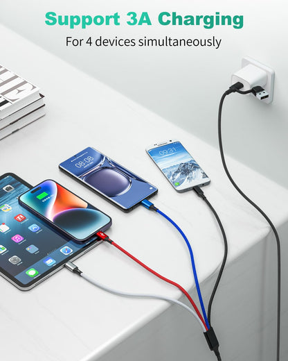 4 in 2 Multi Charging Cable, 3Pack 6FT Multi USB Cables, Chargers for Multiple Devices Nylon Braided USB A/C to 2*Lighting/Typc C/Micro USB Port Universal Charging Cable Multiple Ends for Phone