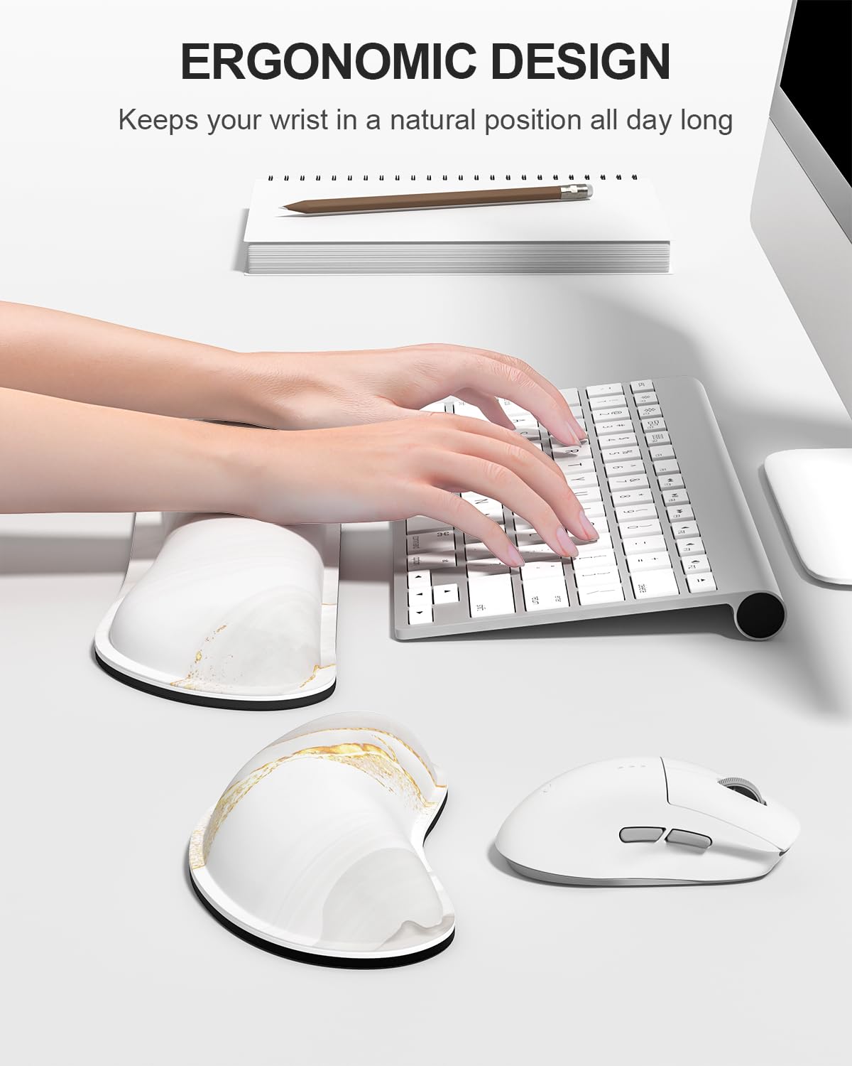 Auhoahsil Keyboard Mouse Pad Set, XXL Large Desk Pad+Keyboard Wrist Rest+Mouse Cushion Support, Ergonomic Memory Foam, 35.5'' x 15.7'' Extended Mousepad, for Office & Gaming,White Gold Gray Marble