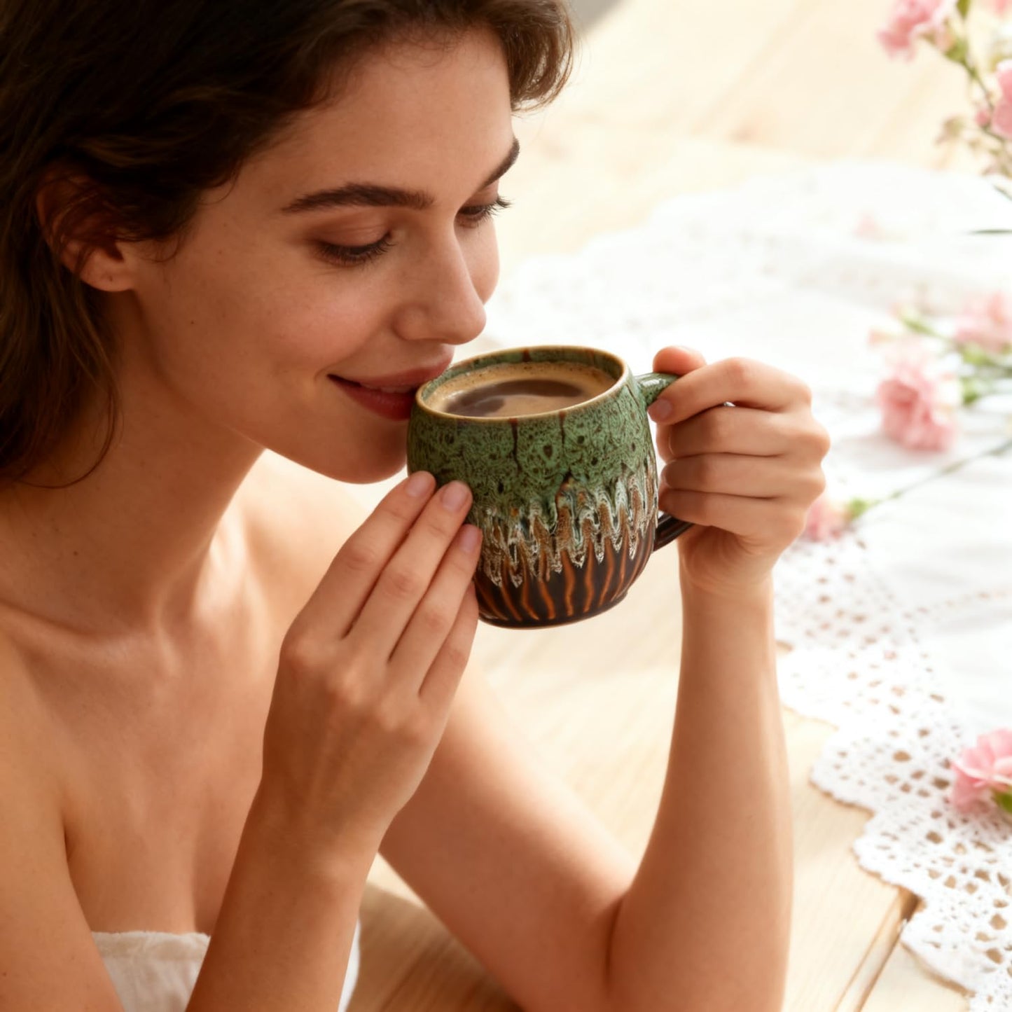 20oz Large Coffee Mug - Unique Handcrafted Look Ceramic Cup, Large Tea Mug, Microwave & Dishwasher Safe (Green)
